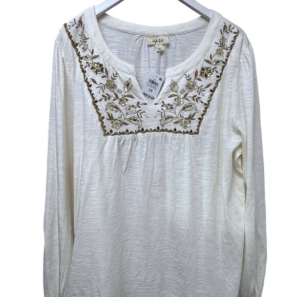 Style & Co.Boho Top Plus Size 2X Tunic Tee Cream Brown Embroidery Women Boho NWT - Picture 4 of 11